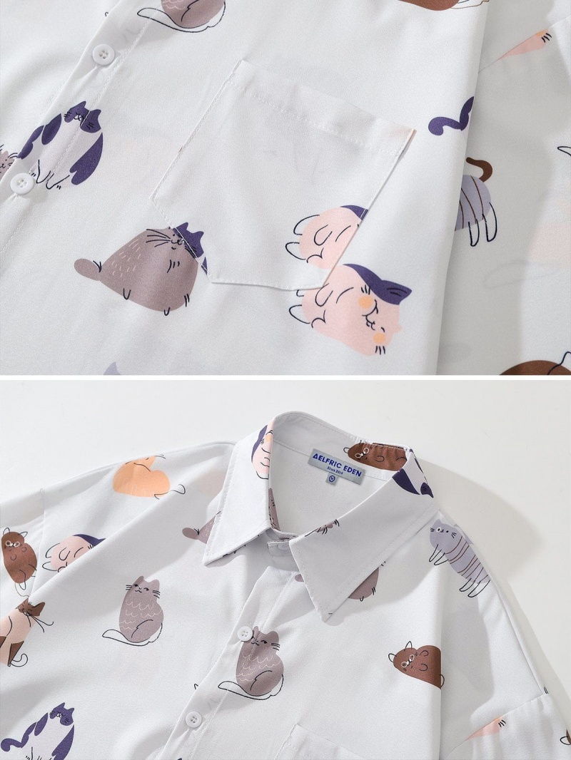 Noir  Chemise à Manches Courtes Aelfric Eden Cute Cartoon Cat Print - EBM-6751874